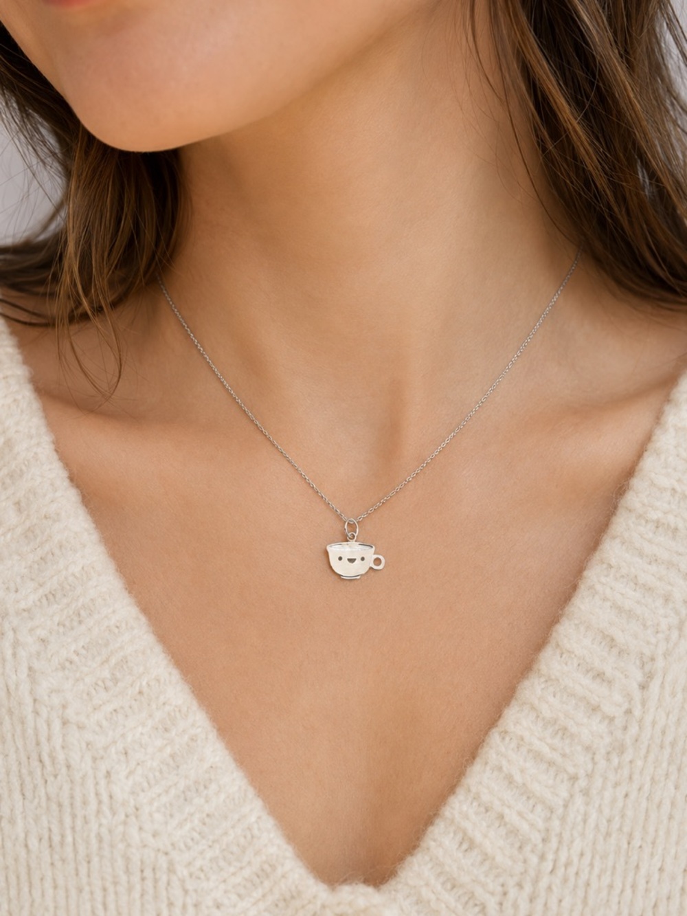 Sterling Silver Smiling Teacup Charm Necklace Adjustable 16–18” Tea Lover Gift
